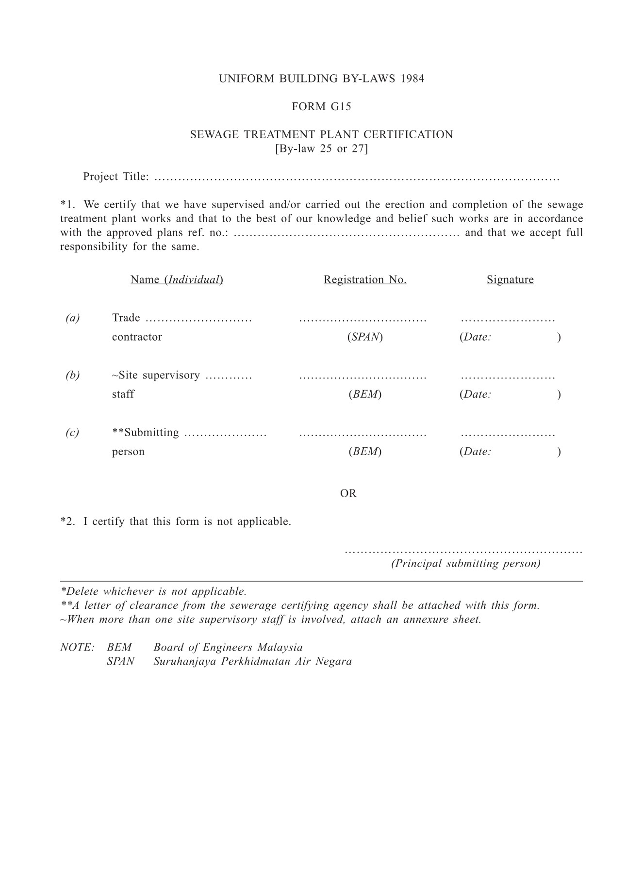 Form G15 SEWAGE TREATMENT PLANT CERTIFICATION